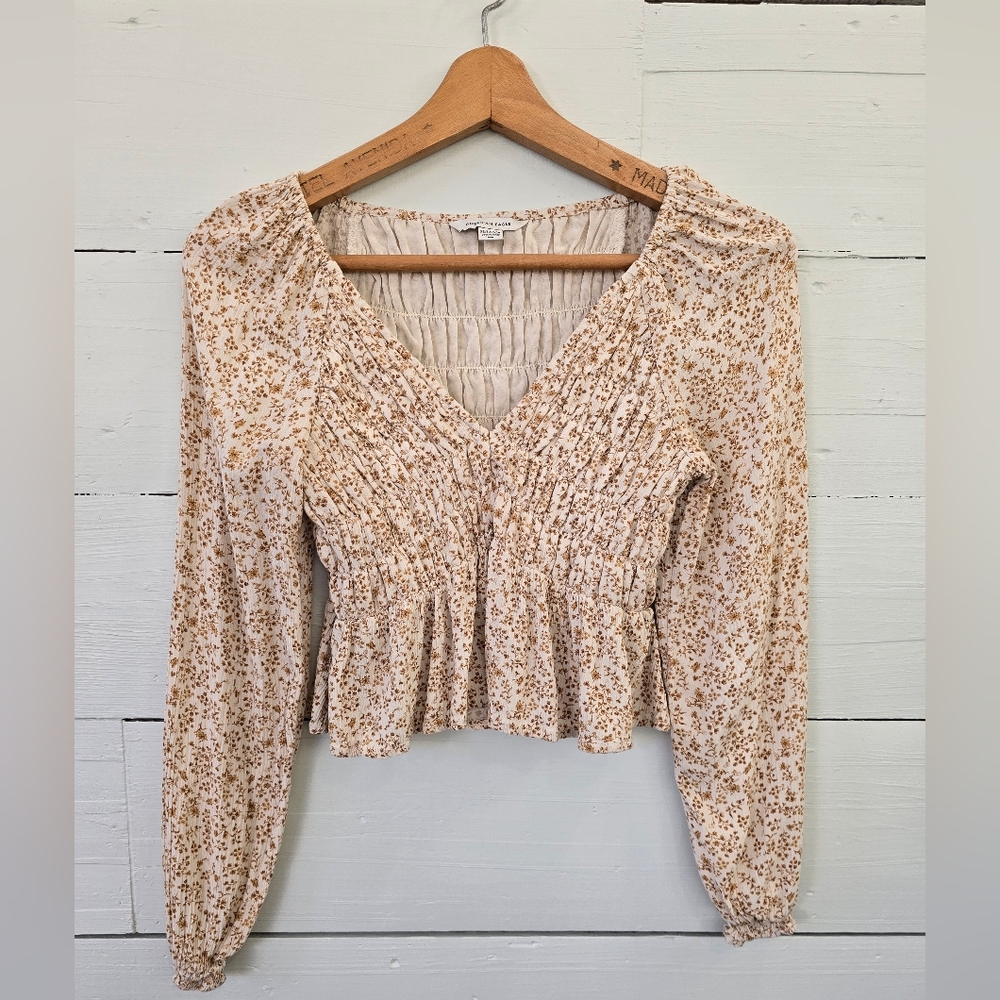 American Eagle  Long Sleeve Smocked Babydoll Top Floral Print Size XS